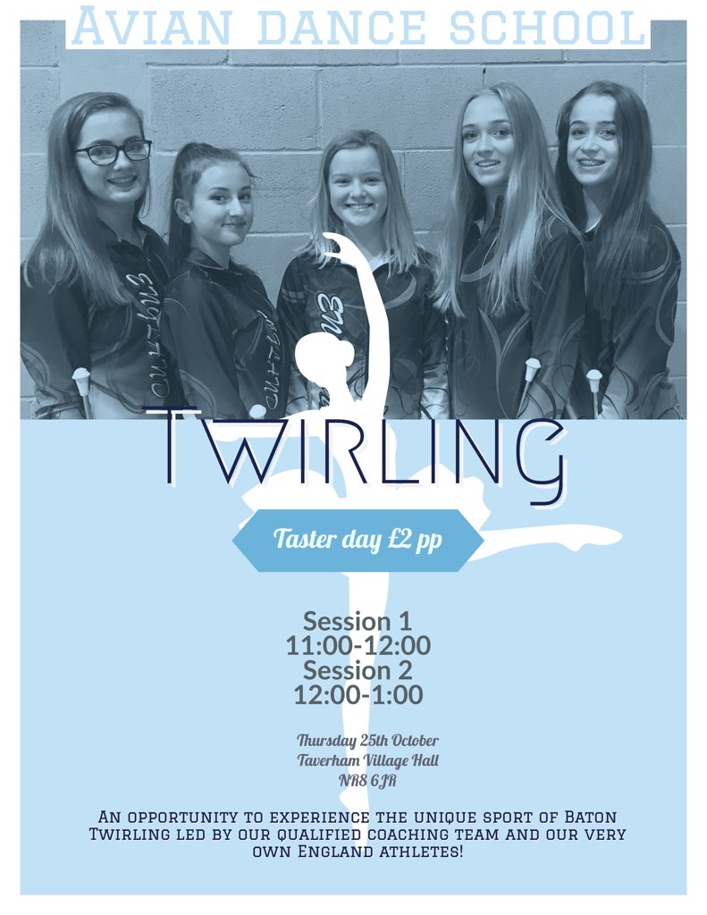 AvianDance's tweet photo. Avian twirling taster day! To book a place, email aviandanceschool@outlook.com with the name, age and the session they would like to take part in ๐๐#aviandanceschool #twirling #newclasses #signup #BBTSA https://t.co/7UIjmHexmm