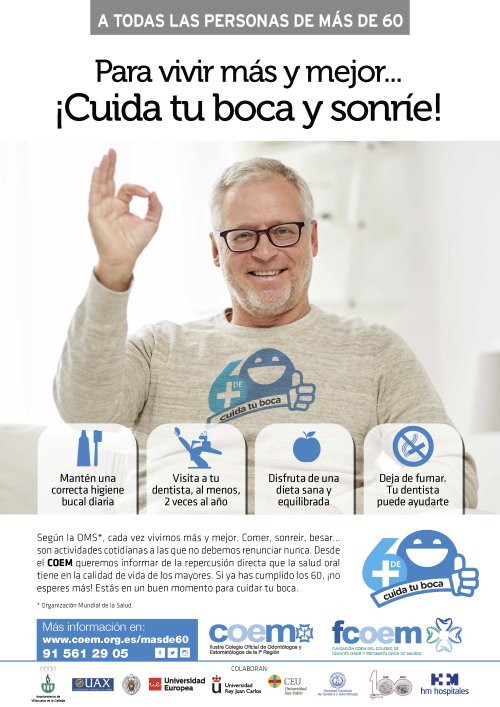 dentistasCOEM's tweet photo. Hoy es el #DíaInternacionalDeLasPersonasDeEdad. Nueva campaña de la FCOEM “+ de 60. Cuida tu boca”. Toda la info: https://t.co/4LXnCoQfwL #dentistas #saludoral https://t.co/RHcVjmSUum