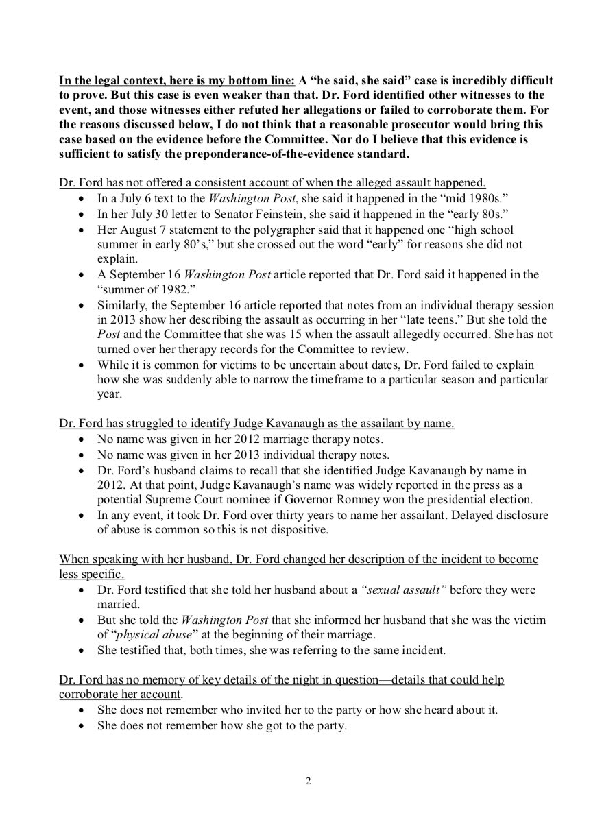 frankthorp's tweet photo. Memo from outside counsel Rachel Mitchell to GOP Sens obtained by @NBCNews: “I do not think that a reasonable prosecutor would bring this case base on the evidence before the committee” https://t.co/W0JHOTOVS6