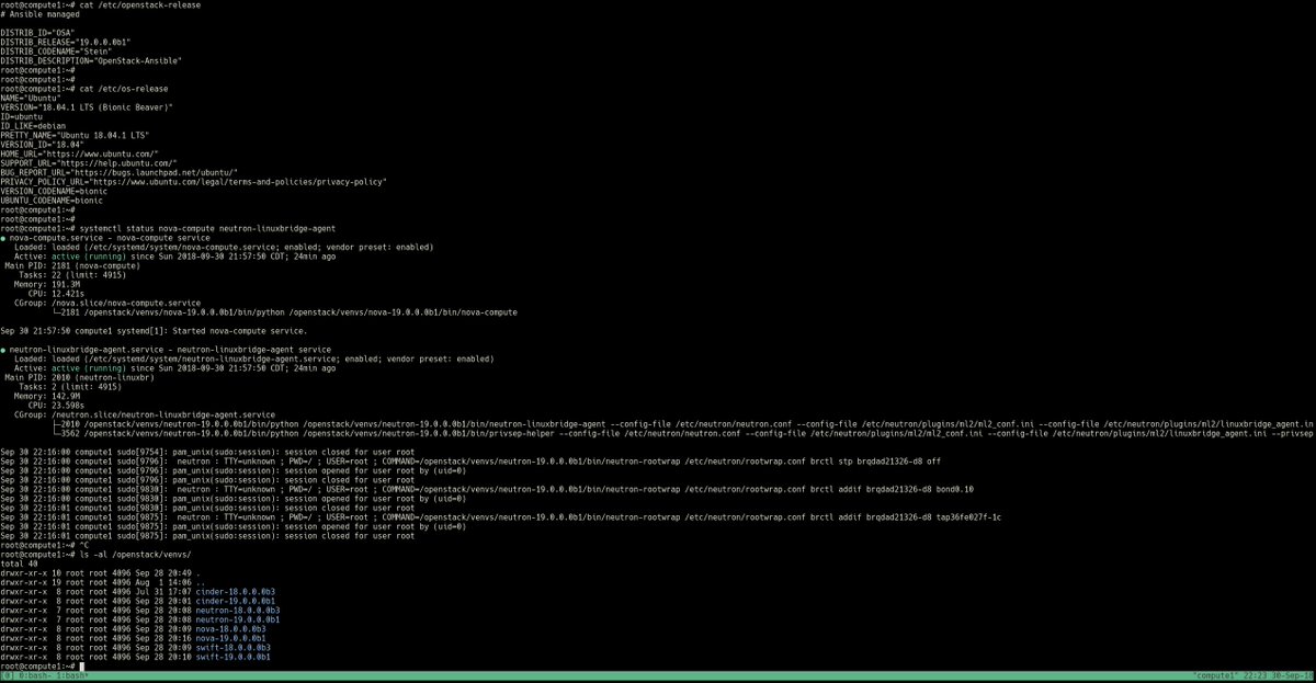 cloudnull's tweet photo. I wanted to finish the blog post this evening but it'll have to wait until tomorrow.

Sneak Peak:
[✓] Running #systemd-#nspawn [since Queens]
[✓] Simplified Networking [macvlan]
[✓] Upgraded #OpenStack-Ansible [Queens to Rocky]
[✓] Upgraded #Ubuntu [Xenial to Bionic] https://t.co/1QqY8x6PwT