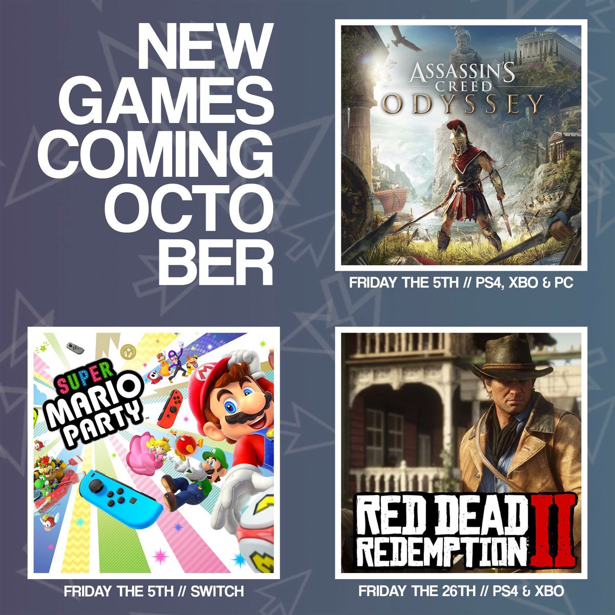 POINTNCLICKAUS's tweet photo. We’ve got a HUGE month ahead of us! October’s an awesome month for gamers 😎

#RedDeadRedemption2 #AssassinsCreedOdyssey #MarioParty https://t.co/5yrmgglJ5E