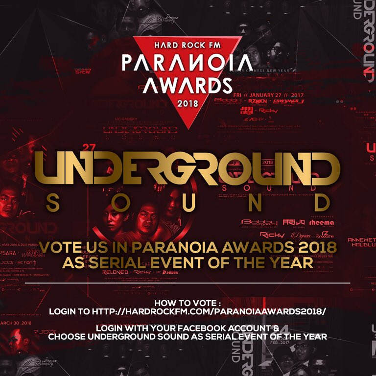 Bobby Suryadi (@djbobby_s) on Twitter photo Vote us in paranoia awards 2018 as serial event of the year
.
How to vote : login to hardrockfm.com/paranoiaawards…
.
Login with your facebook account & choose UNDERGROUND SOUND as SERIAL EVENT OF THE YEAR
.
Thanks for your support
<a href="/STADIUMDJS/">STADIUM PRODUCTION.</a> <a href="/108_jakarta/">108 thenewatmosphere</a> <a href="/stadiumjakarta/">Stadium Jakarta | Stadium production</a> Vote us in paranoia awards 2018 as serial event of the year
.
How to vote : login to hardrockfm.com/paranoiaawards…
.
Login with your facebook account & choose UNDERGROUND SOUND as SERIAL EVENT OF THE YEAR
.
Thanks for your support
<a href="/STADIUMDJS/">STADIUM PRODUCTION.</a> <a href="/108_jakarta/">108 thenewatmosphere</a> <a href="/stadiumjakarta/">Stadium Jakarta | Stadium production</a>