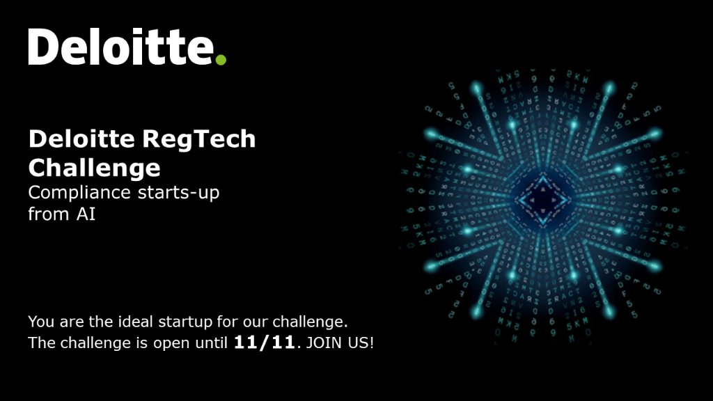 DeloitteSA's tweet photo. We are looking for technological #startups that can provide innovative solutions using #AI technology, to help clients to manage Conduct Risk. #RegTechChallenge is open until 11/11. You are the ideal startup for our challenge, JOIN US! https://t.co/qOcczzRbxg #RegTechChallenge https://t.co/N27yEQTa7G