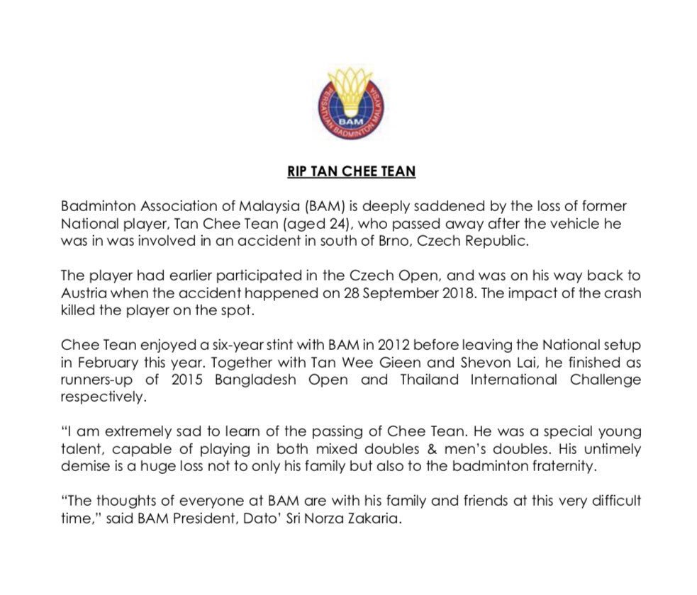 Bfm News On Twitter Former National Badminton Player Tan Chee Tean Has Passed Away In A Car Accident In Czech Republic