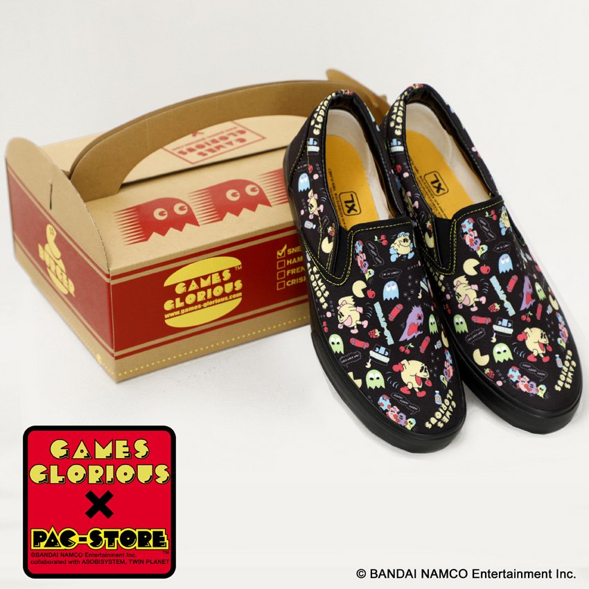 GAMESGLORIOUS's tweet photo. 東京ゲームショウでも人気の #PACSTORE x #GAMESGLORIOUS コラボスニーカー「PAC STORE Slip-On Sneaker -」は現在絶賛発売中！サイズ展開S(23cm)〜XL(28cm) 。よろしくお願いします。https://t.co/gBczdUd68F … #PACMAN #NAMCO #ゲームスグロリアース #パックマン #パックストア https://t.co/8UhqDvBTKP