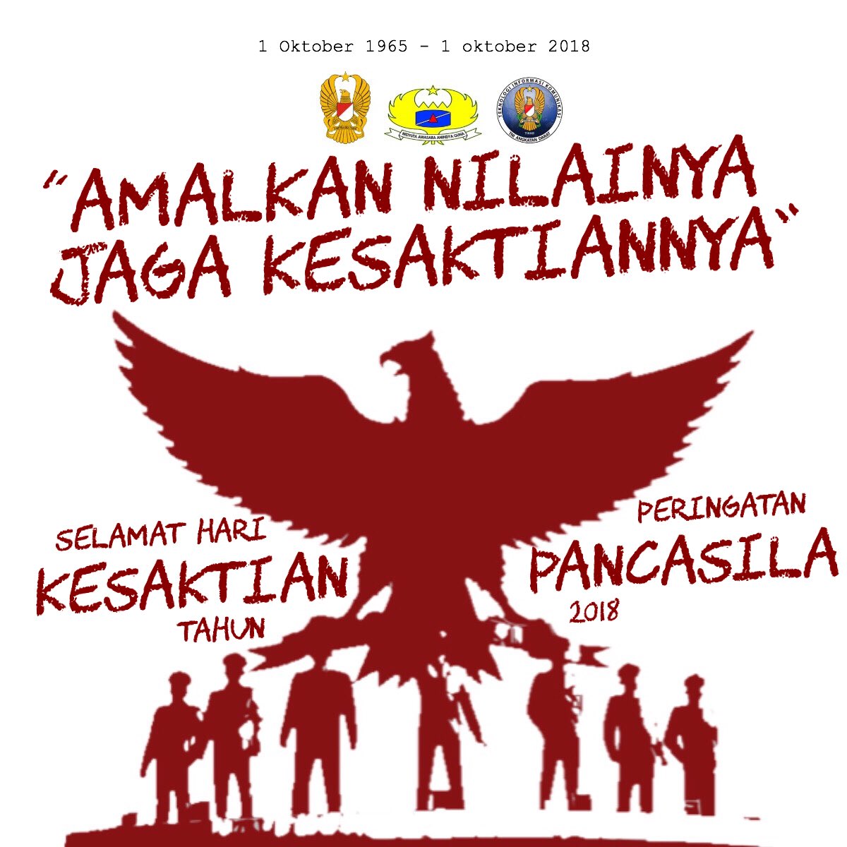 arhasbi's tweet photo. 1 Oktober 2018
Selamat Hari Kesaktian Pancasila. 
Semoga kita semua dapat mengamalkan nilai2 yg terkandung dalam Pancasila sbg dasar Ideologi Negara Kesatuan Republik Indonesia agar Negara kita tetap berdaulat dan disegani oleh bangsa2 lainnya. 
#HariKesaktianPancasila https://t.co/gtVmmn8JzE