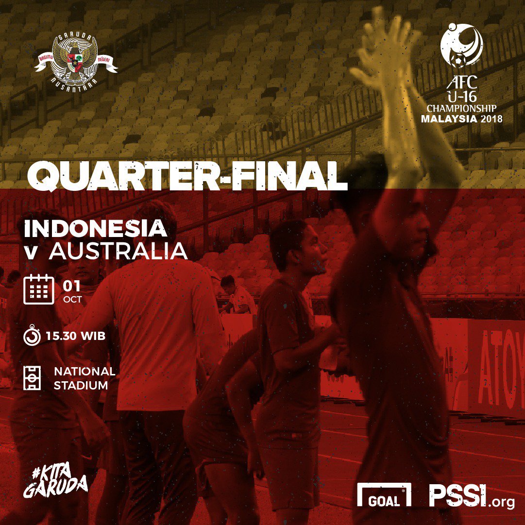 PSSI's tweet photo. Jangan lewatkan perjuangan Garuda Asia dalam menghadapi Australia sore ini pada perempat final Piala Asia U-16 2018.

#PSSINow #KitaGaruda https://t.co/EkCZHwK23l