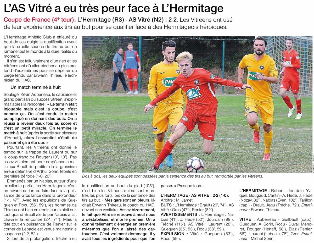 Fred_Annin's tweet photo. L’Hermitage (R3) - @asvitre (N2) : 2-2 (1-0) (1-4 tab). 
BUTS : L’Hermitage : Brault (26‘, 74’). AS Vitré : Gros (47‘), Renier (82’). #CoupedeFrance via @sports_ouest https://t.co/thxP0GGC27
