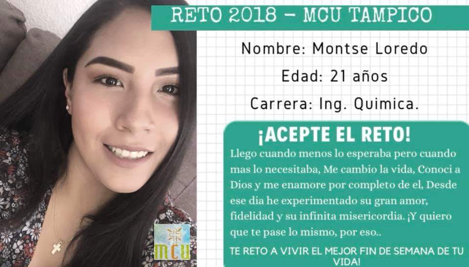 MCUTampico's tweet photo. Tu cómo nuestra hermana Montse acepta el reto y vive el mejor fin de semana de tu vida ¡No te vas a arrepentir! #CNVC #MCU #Tampico #Madero #Altamira #Reto2018 https://t.co/gpDvq0yVoG