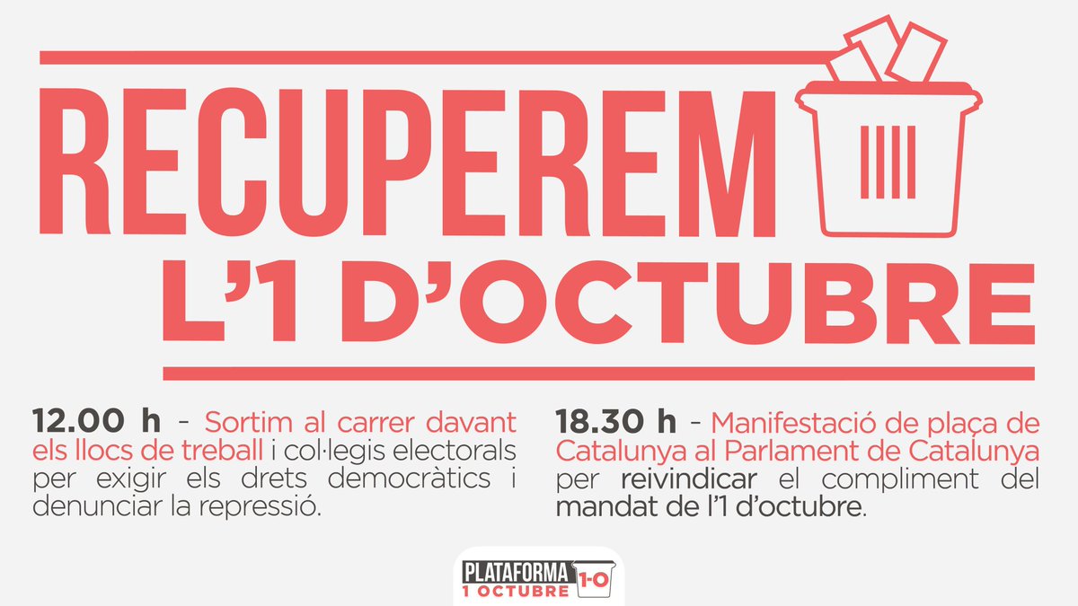 omniumsants's tweet photo. Avui fa un any el poble de Catalunya es va llevar ben d'hora per defensar el referèndum d'autodeterminació. Avui 1 d'octubre ho recordarem. A les 12h sortim al carrer davant els llocs de treball i a les 18.30h manifestació a pl. Catalunya #Plataforma1Oct https://t.co/i4Mdq0f2Lt