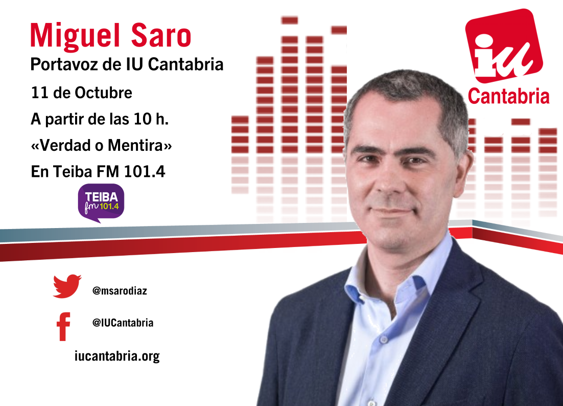 IUCantabria's tweet photo. 🎙Mañana, @msarodiaz,portavoz de IU Cantabria y de @IUsantander,en "Verdad o Mentira". 📻 A las 10h, sintoniza @radioteibafm (101.4). https://t.co/zezXADv0SU