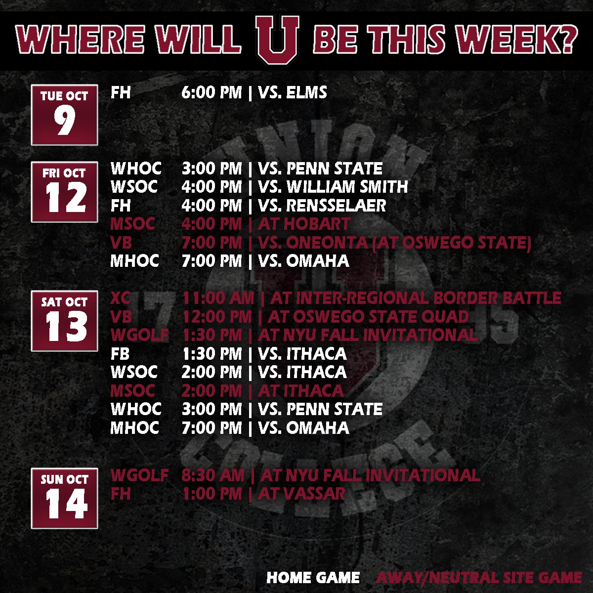 UnionAthletics's tweet photo. With Homecoming and Family Weekend coming up, there are EIGHT home games on tap for Friday and Saturday, including chances to see #UnionMHOC, #UnionWHOC, #UnionFB, #UnionFH and #UnionWSOC!
#GoU https://t.co/f7JIteaJNk