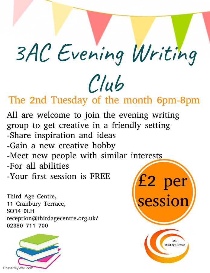 ThirdAgeCentre's tweet photo. The next evening #writing group is TOMORROW 6-8pm
There are different topics each month that the group work on. This months topics are:
1) The Blind Assassin
2) The Truth
3) The last of....
If you would like to come please have something prepared on either of the topics above. https://t.co/EGIWWm7wil