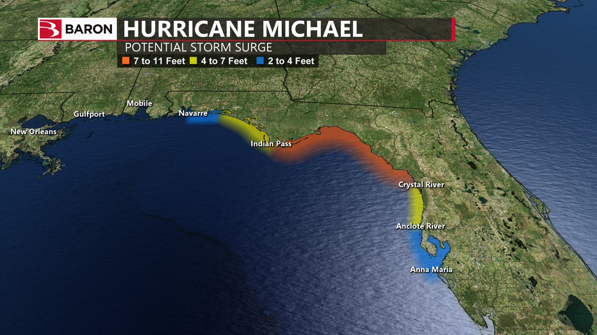 BaronWeather's tweet photo. Here is a look at potential Storm Surge from #HurricaneMichael.  These numbers and locations may change. #tropics https://t.co/mBx0NzLO5e