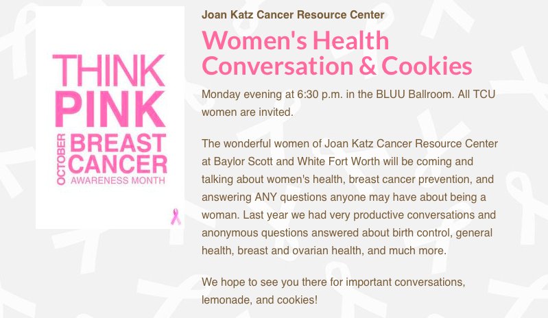Calling all TCU women! Head to the BLUU Ballroom tonight at 6:30pm for a informative conversation about women’s health hosted by <a href="/tcuzeta/">TCU Zeta Tau Alpha</a>. There will be snacks and lots of helpful insight! ow.ly/Nwwj30m93H8
