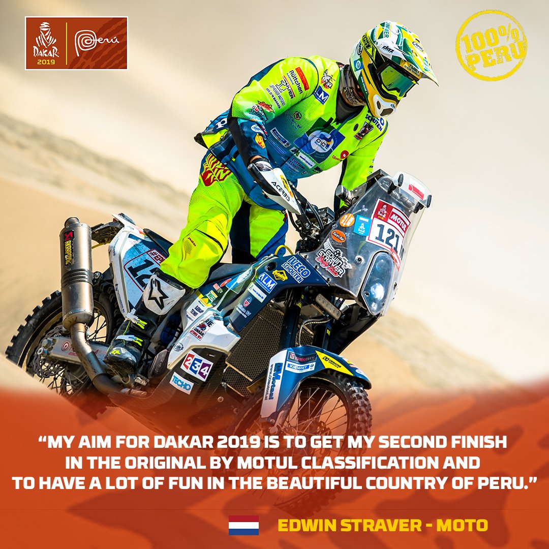 dakar's tweet photo. The Dakar 2019 presents 🇳🇱 Edwin Straver 🇳🇱
4⃣7⃣ years old
2⃣nd participation
🎙️ “My aim for Dakar 2019 is to get my second finish in the original by motul classification. And to have a lot of fun in the beautiful country of Peru.” 
🏍️ @strebbel71
#Dakar2019 https://t.co/RjlEga5EBC