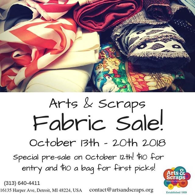 HandmadeDetroit's tweet photo. The @artsandscraps Fabric Sale starts this weekend! It’s a great way to stock up your fabric stash & support creativity education in Detroit at the same time. Go to https://t.co/bqbbpXDNfU for more info! #detroit #handmadedetroit #artsandscraps https://t.co/ymf8ydaKXo https://t.co/SKULUguTxV
