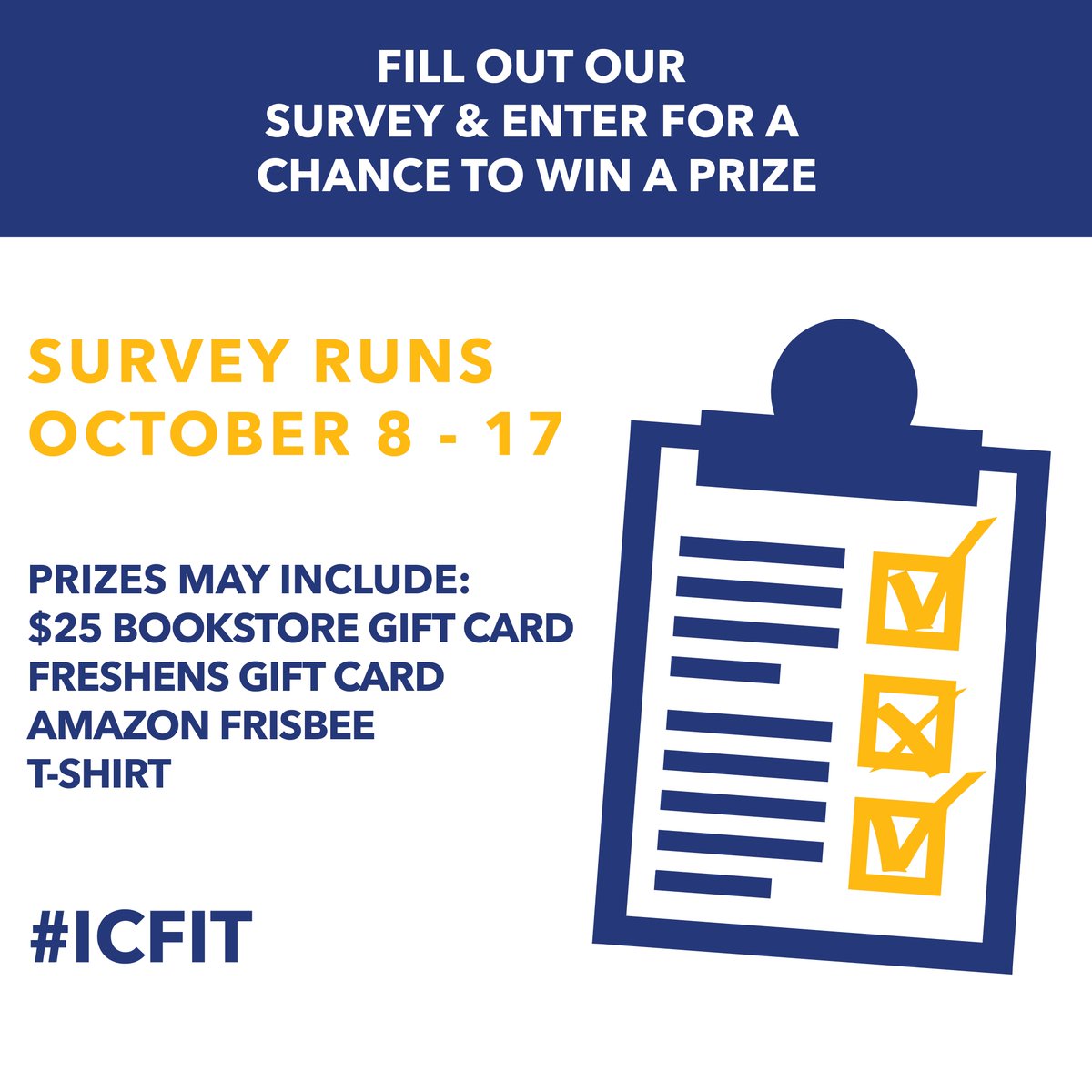 ICCampusRec's tweet image. We are striving to make the Fit the best for YOU! If you could take just 5 minutes out of your day to help us with this survey, we would greatly appreciate it! 💙 #ICFit #ithacacollege ow.ly/ZA6H30m95mP