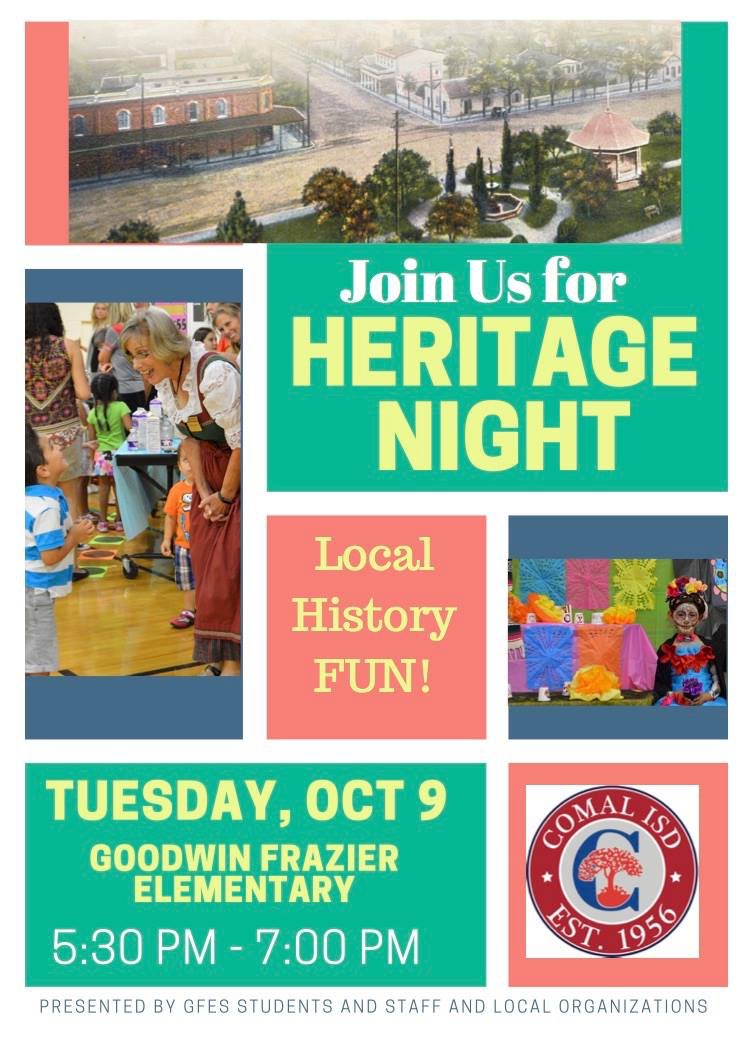 SecondaryComal's tweet photo. Heritage Night is tomorrow! (Tuesday, Oct 9th at GFES 5:30-7:00) History Fun for the whole family! @cisdnews @innewbraunfels @GFESWildcats https://t.co/P9ClmP0klU