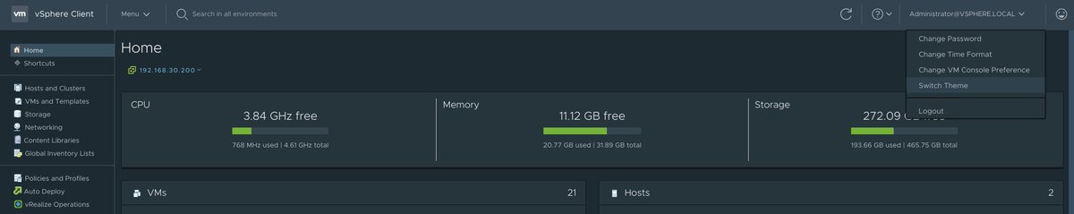 lamw's tweet photo. @VMwareClarity YES! We now have a theme switcher in the latest #h5client for #vSphere67Update1, initially supporting both “Light” and the HIGHLY requested “Dark” theme.
Now, I’m just waiting for the ability to customize my owns themes & share them :D
/6 https://t.co/1jHjYMFDCM