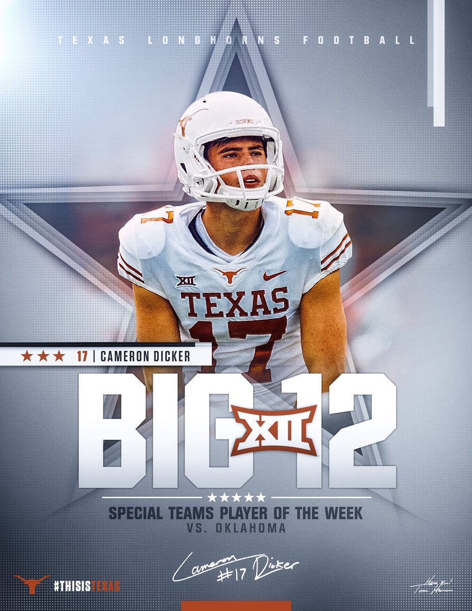 TexasFootball's tweet photo. Game-winning FG. Big 12 Special Teams Player of the Week. @camerondicker #ThisIsTexas #HookEm https://t.co/bnjiRYtgDl