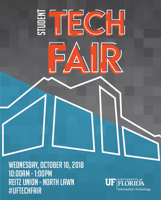 UFRecSports's tweet photo. Where can you learn about UF IT's services, job opportunities, experiment with gadgets or possibly win an iPad? The Reitz Union North Lawn on Wednesday 10-1pm! #UFTechFair https://t.co/EnLf9qCfTf