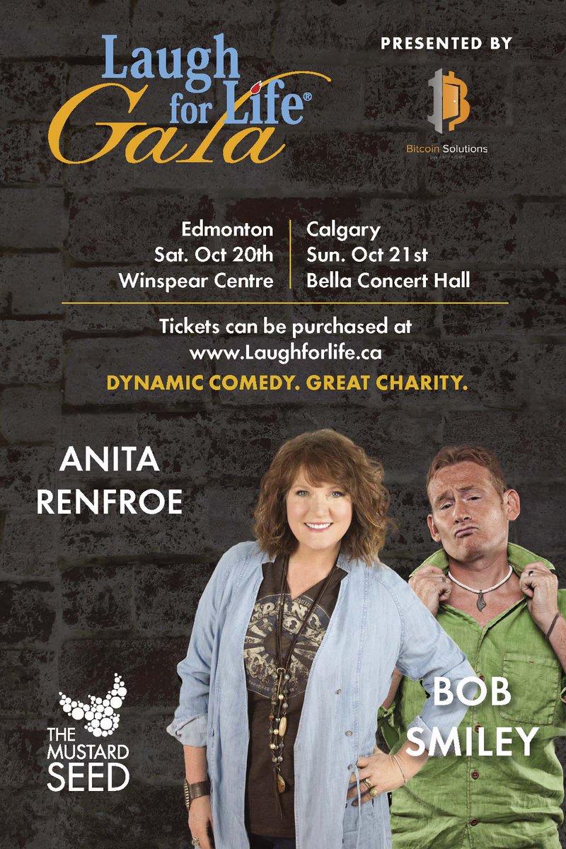 mustardseedcan's tweet photo. Knock knock. Who's there? It's @AnitaRenfroe and Bob Smiley with some better jokes at the @LFLGala on Oct. 20 at the @winspearcentre! Join us as we raise funds for @mustardseedyeg! Get your tickets at https://t.co/nD8g4r8EJj #laugh #yeg #yegcares https://t.co/OpDBjOijfz