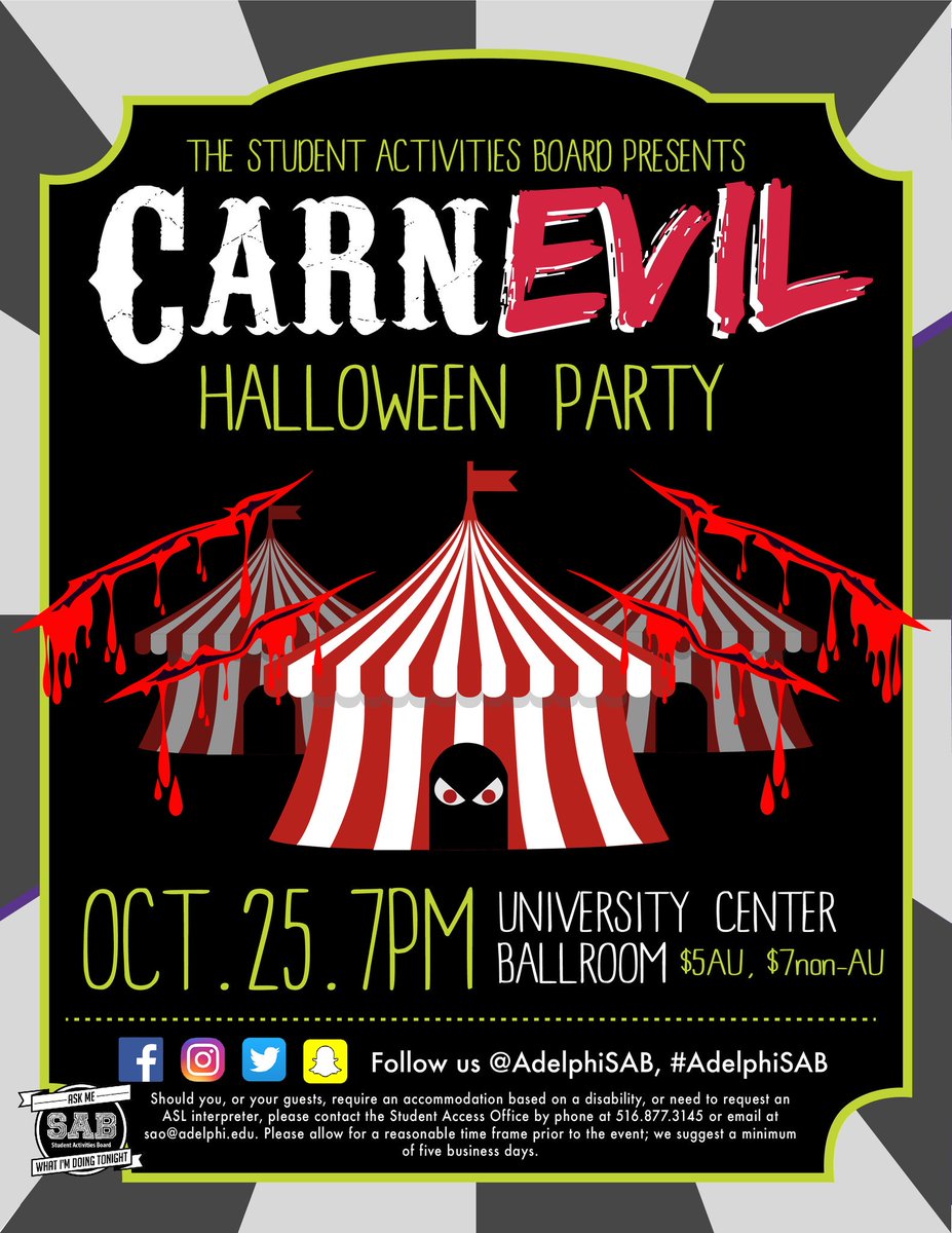 AdelphiSAB's tweet image. SAB is happy to officially announce our annual Halloween Party! You helped us pick a theme and this year it's CarnEvil. Join us Thursday, October 25th from 7-10pm in the UC Ballroom for a scary good time!