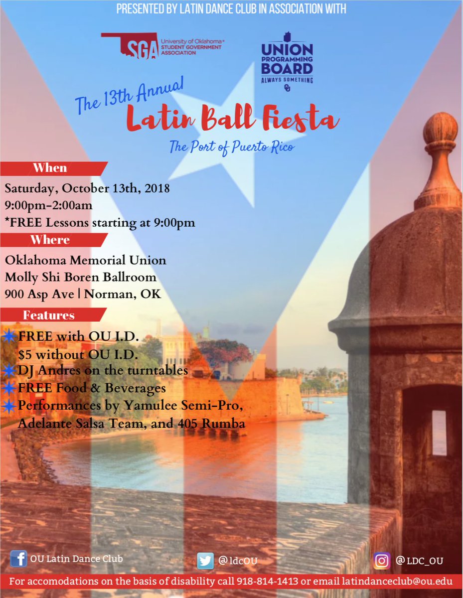 ldcOU's tweet image. Join us this Saturday for our 13th Annual Latin Ball Fiesta! FREE admission w/OU ID, $5 without! FREE food &amp;amp; drinks! Live DJ! Live performances! So come out and join us for a night of dancing and fun! facebook.com/events/2512050…
#salsa #bachata #latindance
