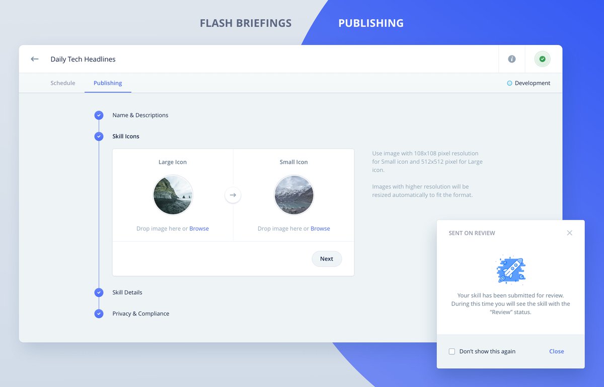 invocablehq's tweet image. Product update: publishing for flash briefings 🎉

Now you can publish your flash briefing right through Storyline, no need to go to Amazon Developer Console at all.

P.S. I&apos;ve just published one, it took me 3x less time than before 🙂