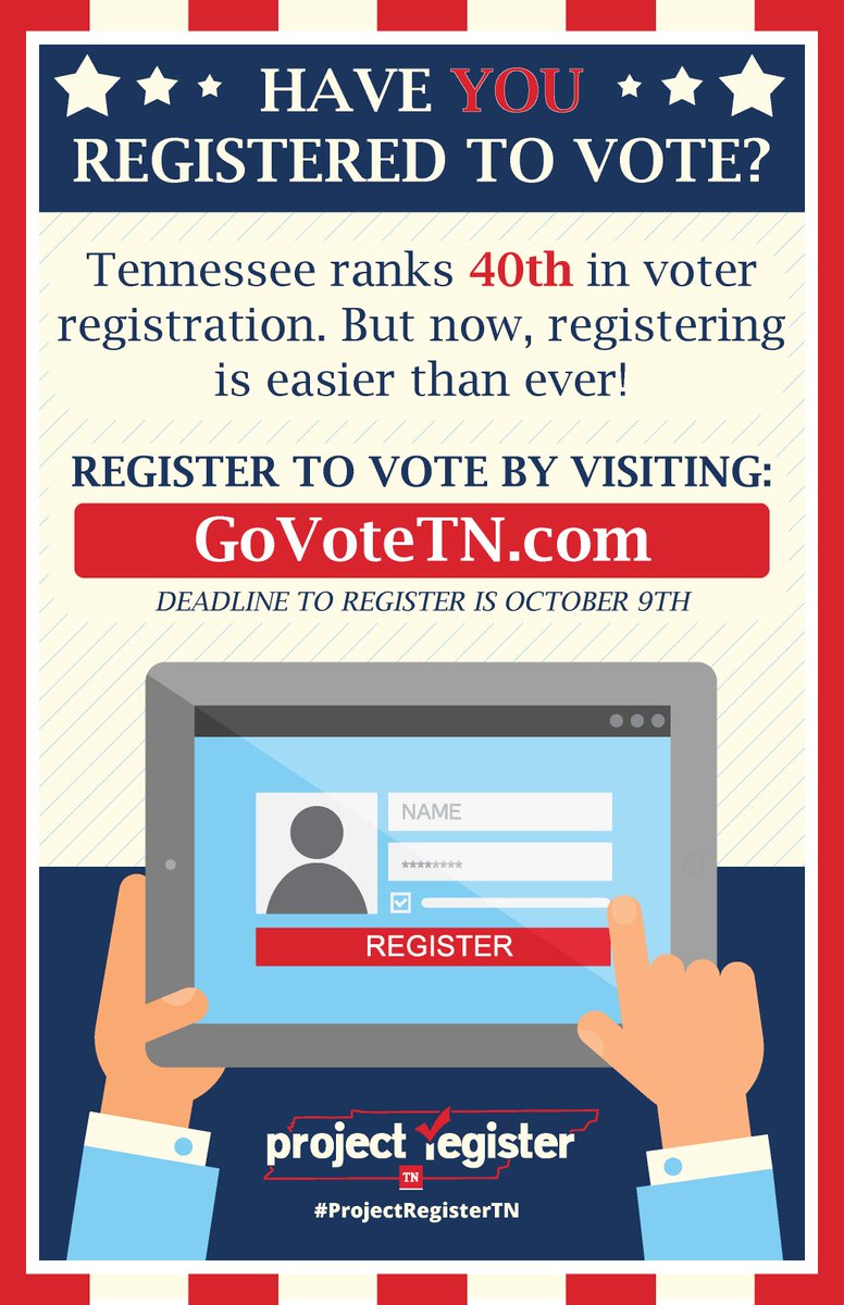 TNDeptofHealth's tweet photo. Today and Tomorrow. That's it. These are the last 2 days you can register to vote. Moved? Recent change in marriage status? Make sure to check and update your voter registration. Go to https://t.co/WyTzJIb80B. It only takes a quick second. Ready..set..REGISTER! #ProjectRegisterTN https://t.co/XSM2rX4OQU