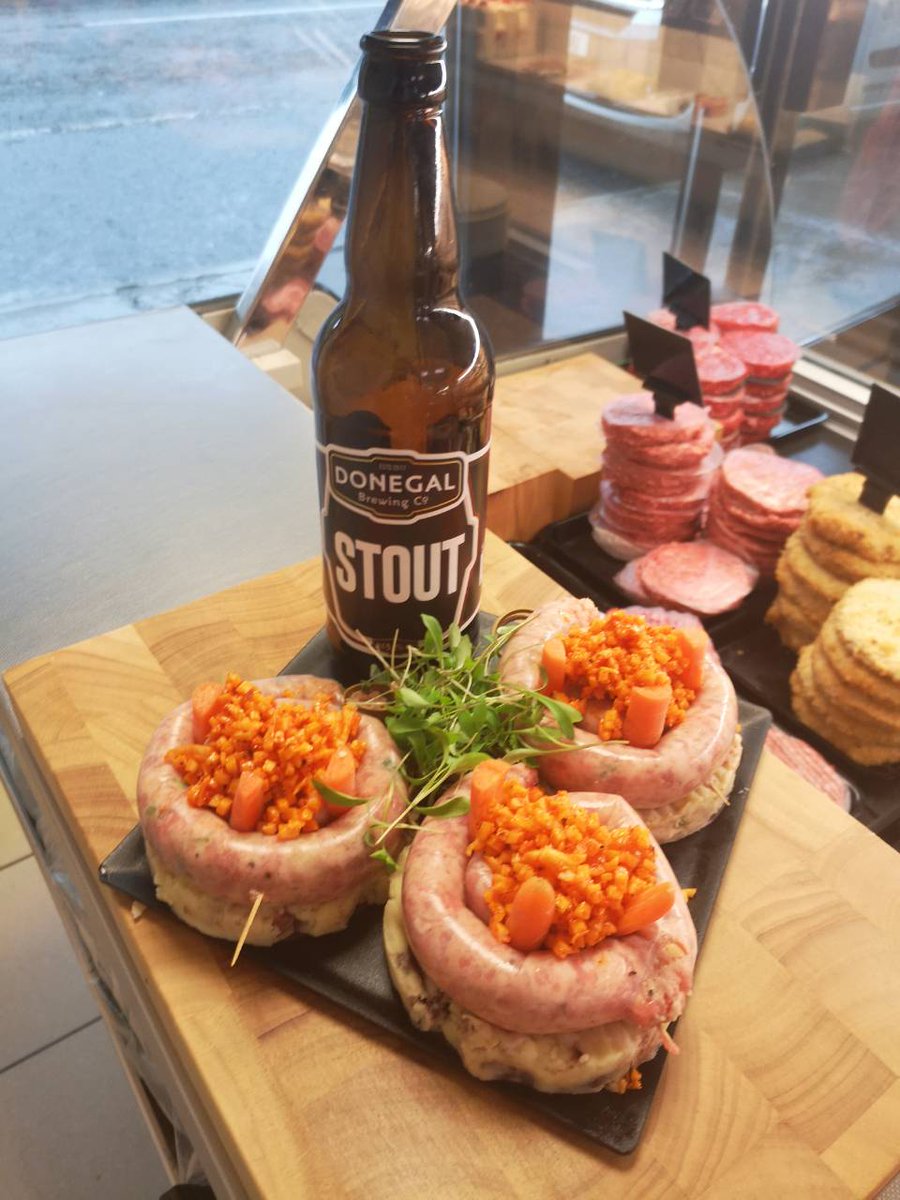 Pork, Leek and Donegal Brewing Co. Stout spirals on a bacon and pudding mash #tasty #butcher