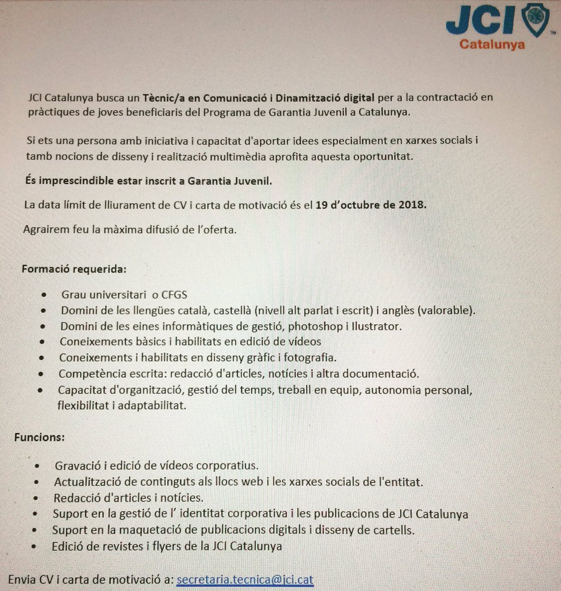 JCI Catalunya busca Tècnic/a en Comunicació i Dinamització digital.