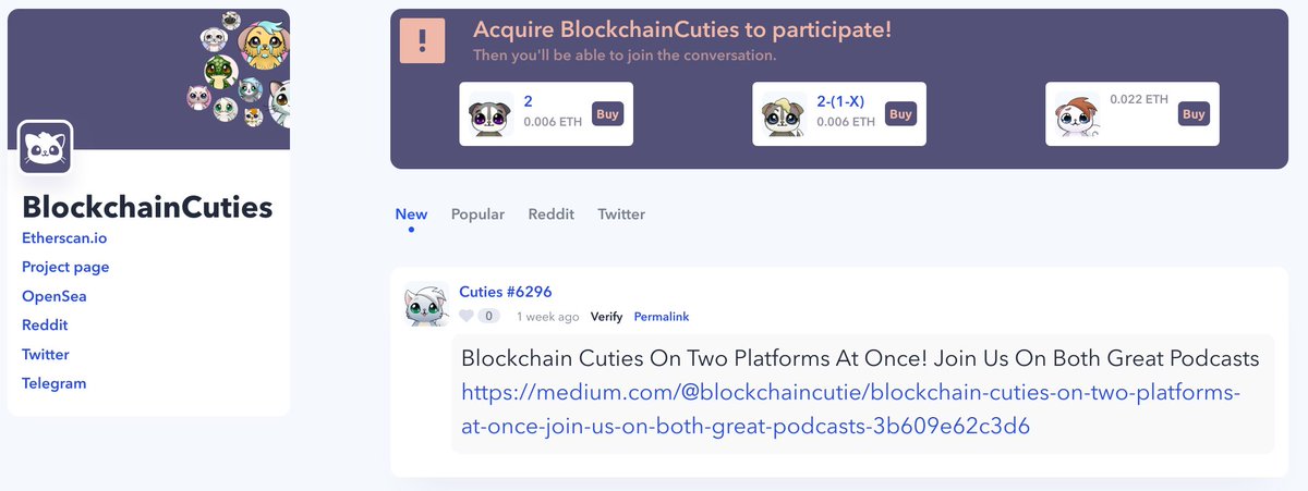tokntalkclub's tweet photo. We've recently added long overdue feature: @projectopensea marketplace integration.

If you don't own particular #NFT token to participate in its club, you can buy it directly from Tok'n'talk interface. We always display 3 cheapest items from @projectopensea https://t.co/SxoZ0sgMNX