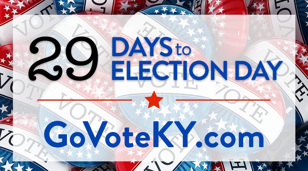 KySecofState's tweet photo. ELECTION COUNTDOWN: 29 days to Election Day on Nov. 6! 

TOMORROW at 4 pm is the deadline to #RegisterToVote or update your registration — https://t.co/MGjRa7KKYl 🗳️ #BeAVoter #GoVoteKY https://t.co/IaM7Sxn9Sh