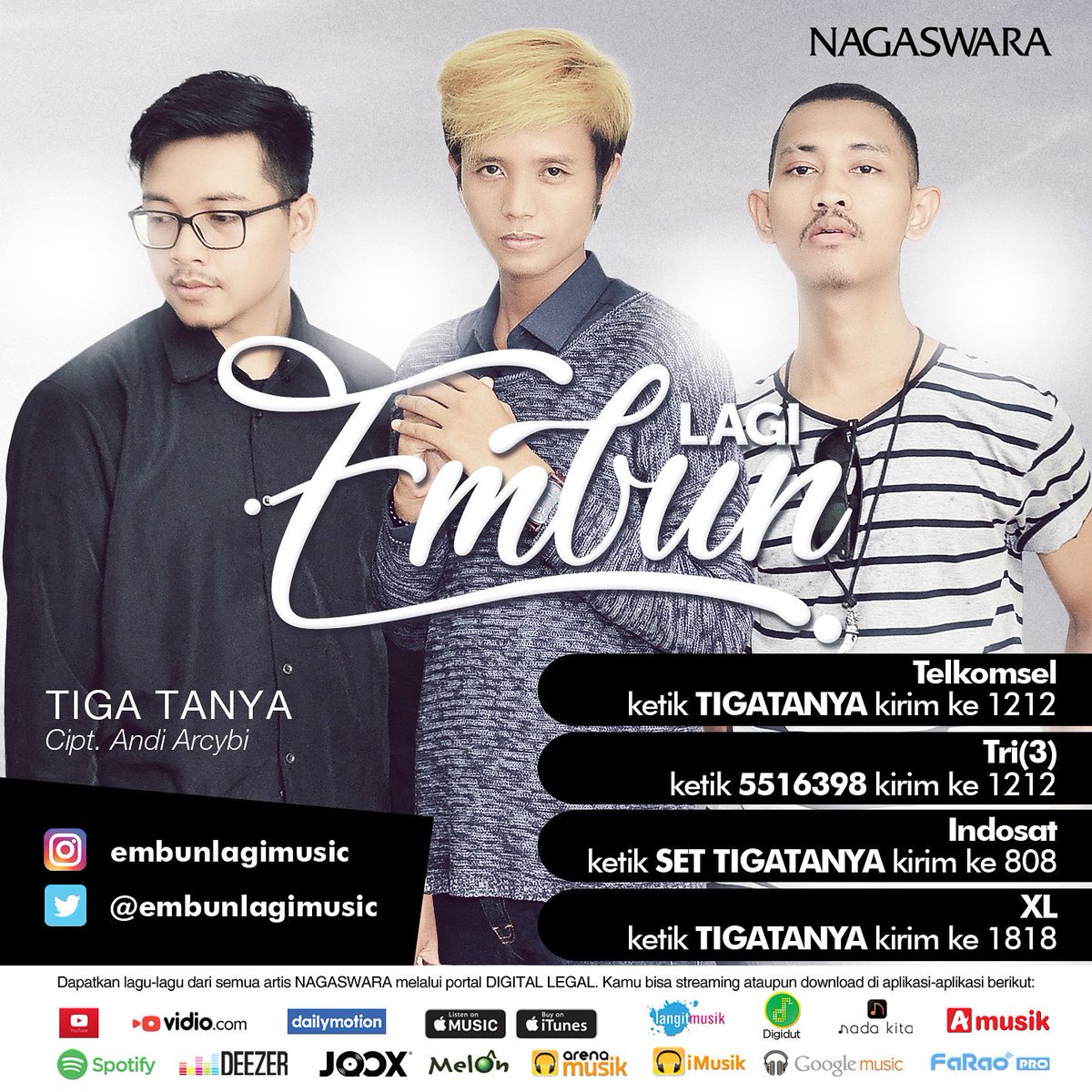 NAGASWARA_ID's tweet photo. #NAGASWARA 09 Oct. Phoner Pertama, Lokasi : NAGASWARA Building Lt. 1, Pk. 11.00 Wib
@embunlagimusic - "Tiga Tanya" https://t.co/MEkAJzqwPV