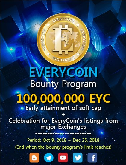AaronJin20's tweet photo. Finally, the grand-scale Bounty program in EveryCoin begins at October 9, 2018. (UTC+7).
This is the Bounty Program to celebrate EveryCoin's listing on major Exchanges and the early attainment of Soft Cap.
https://t.co/nTJjDAT1ov https://t.co/bserb7aeDM