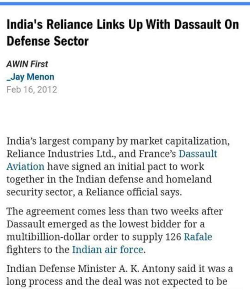 Devendra440333's tweet photo. @RahulGandhi says @narendramodi has favoured reliance of Mukesh Ambani by making it partner of Dassault for Rafale jets. This deal was under process during UPA rule in 2012. @INCIndia should stop making wild allegations and playing in the hands of enemy country. https://t.co/7TcqeCY5ec