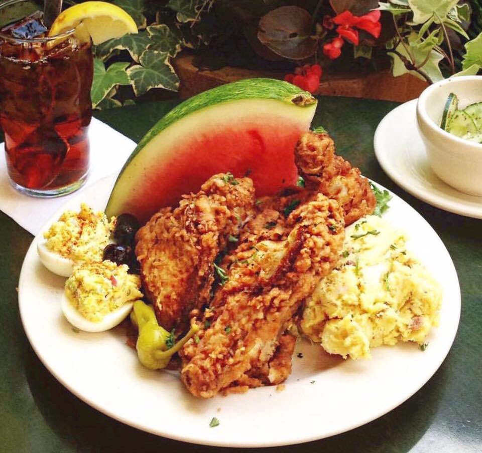 ChefsofCarolina's tweet photo. @CrooksCorner Picnic Plate with ½ cold fried chicken w/ deviled eggs, watermelon wedge, cukes &amp; onions and potato salad!
#refreshing #yummy
#carolinacuisine #chapelhill #friedchicken #watermelon #deviledeggs #nceats #northcarolina #carolinachefs #nceats #visitchapelhill #ncfoodie https://t.co/uAfkhjd6N0
