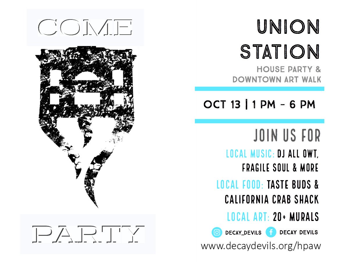 Decay_Devils's tweet photo. I have had the pleasure to witness something special grow here. Please join us for an afternoon of artistic appreciation. USHPAW 10/13 1-6P #PublicArt219 #paintgary #thisplacematters https://t.co/IF5XxoyZS0