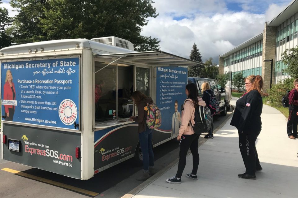 Happening TODAY 10am-4pm <a href="/MichSoS/">Michigan Department of State</a> mobile branch parked outside <a href="/UMich/">University of Michigan</a> Michigan League (911 N. University, Ann Arbor) for voter registration and absentee voting. Tuesday 10/9 is DEADLINE to register to vote in Nov. 6 midterm elections. Check status at Michigan.gov/vote