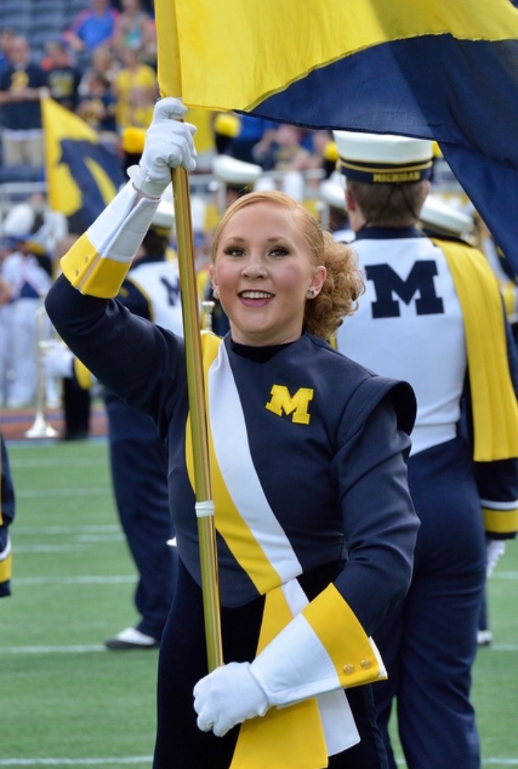 umichband's tweet photo. Happy #TBT! This week’s Alumni Spotlight falls on Sophia Broesamle. Sophia was a member of our flag section until she graduated in 2016 with a degree in Film, Television and Digital Studies. Her favorite MMB memory was running out of the tunnel for the first time! #ForeverGoBlue https://t.co/ckSHxRwgKF