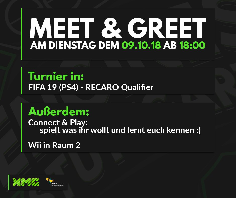 Die #STUGGILAN ist vorbei, aber das neue Semester fängt gerade erst an.

Wir starten morgen mit einem Special #MeetnGreet: Es wird einen kleinen #FIFA19 Qualifier in Zusammenarbeit mit RECARO geben.

Kommt vorbei und lernt euresgleichen kennen!

#Vollgas #eSport #Stuttgart