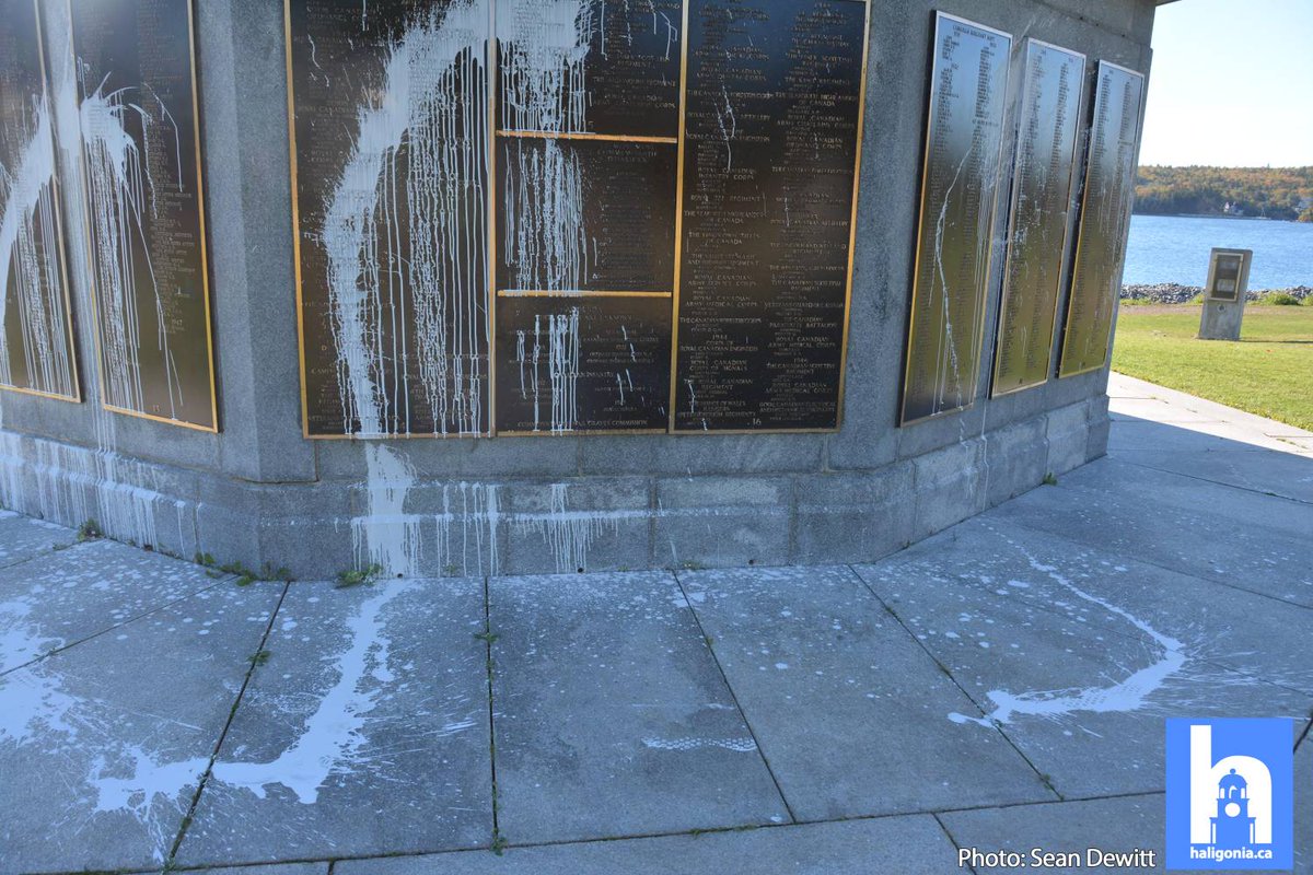 Disrespectful and childish.   The military memorial at Point Pleasant Park sits heavily vandalized with paint this Thanksgiving morning.