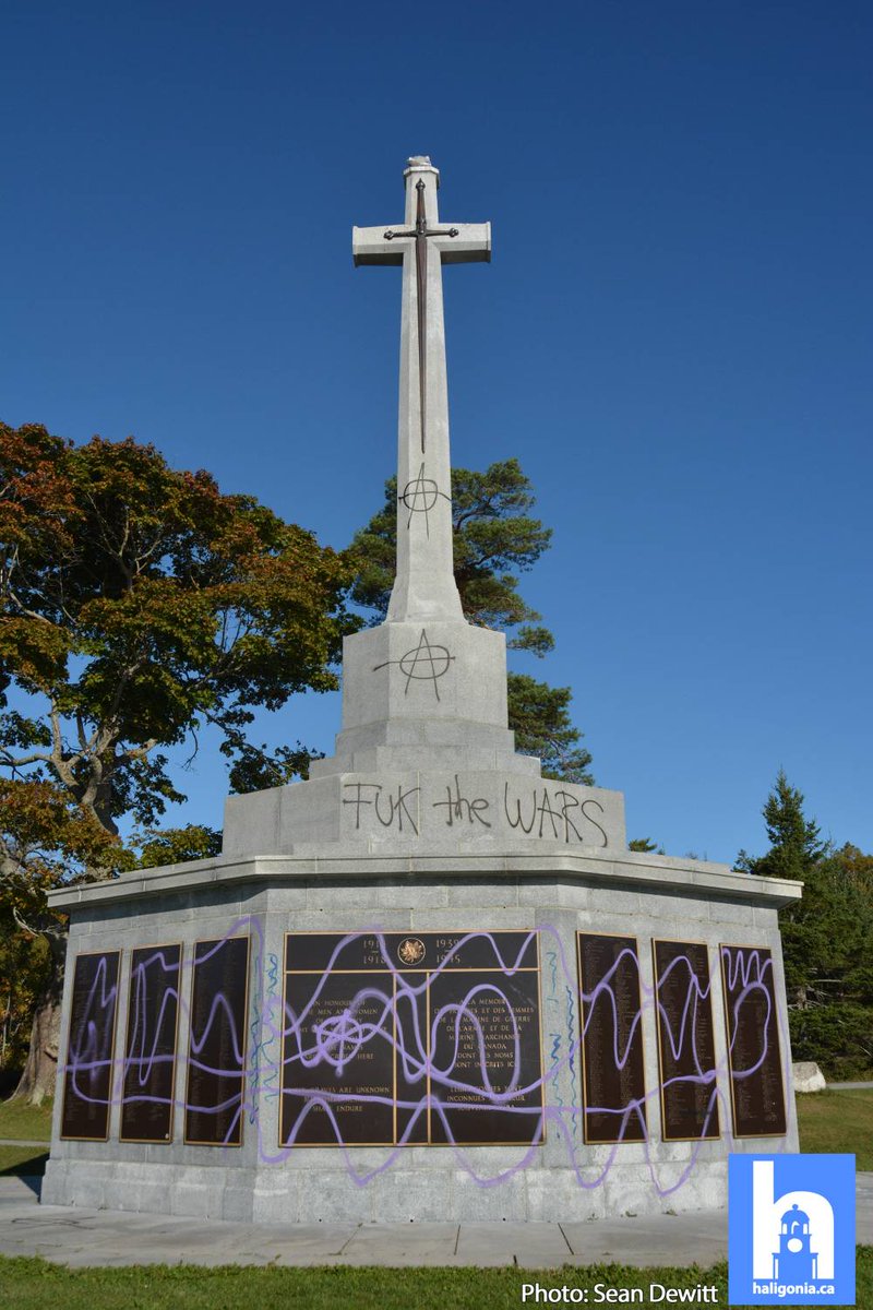 HaliBreaking's tweet photo. Disrespectful and childish.   The military memorial at Point Pleasant Park sits heavily vandalized with paint this Thanksgiving morning. https://t.co/GYGJPtP88G