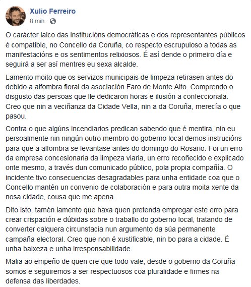 Xulio Ferreiro (@xulioferreiro) on Twitter photo O carácter laico das institucións democráticas e dos representantes públicos é compatible co respecto escrupuloso a todas as manifestacións relixiosas. No <a href="/ConcelloCoruna/">Concello da Coruña</a> é así dende o primeiro día e seguirá a ser así mentres eu sexa alcalde facebook.com/xulioferreiro/… O carácter laico das institucións democráticas e dos representantes públicos é compatible co respecto escrupuloso a todas as manifestacións relixiosas. No <a href="/ConcelloCoruna/">Concello da Coruña</a> é así dende o primeiro día e seguirá a ser así mentres eu sexa alcalde facebook.com/xulioferreiro/…