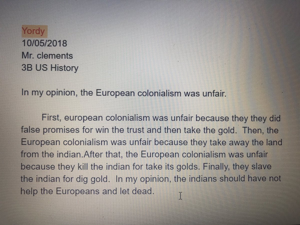 MattClements1's tweet photo. Happy Indigenous People's Day!  #Newcomer &amp; #SLIFE US History Ss overwhelming agreed that European colonialism was unfair in their end of unit analytical paragraphs this week. They were a great read!#IndigenousPeoplesDay2018 https://t.co/Hnzpuv3PF9