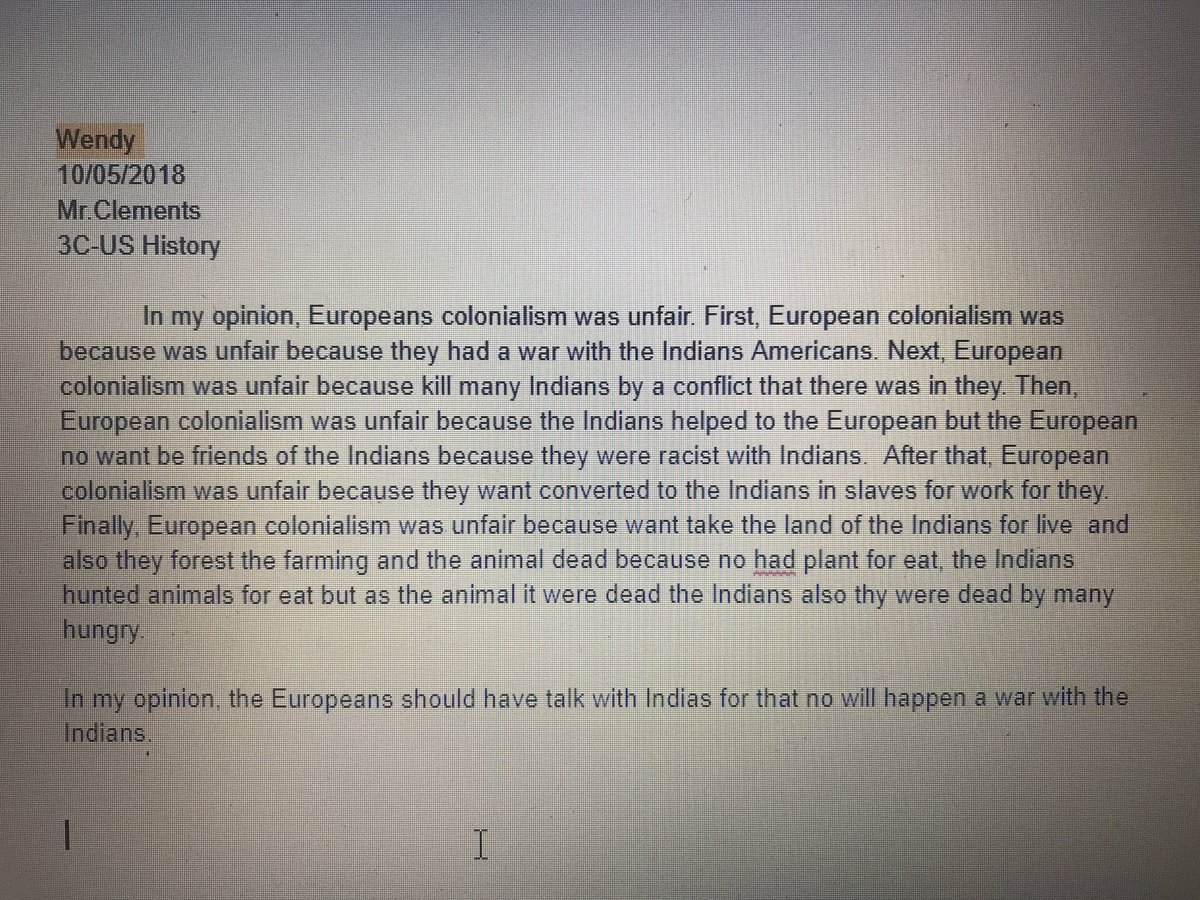MattClements1's tweet photo. Happy Indigenous People's Day!  #Newcomer &amp; #SLIFE US History Ss overwhelming agreed that European colonialism was unfair in their end of unit analytical paragraphs this week. They were a great read!#IndigenousPeoplesDay2018 https://t.co/Hnzpuv3PF9