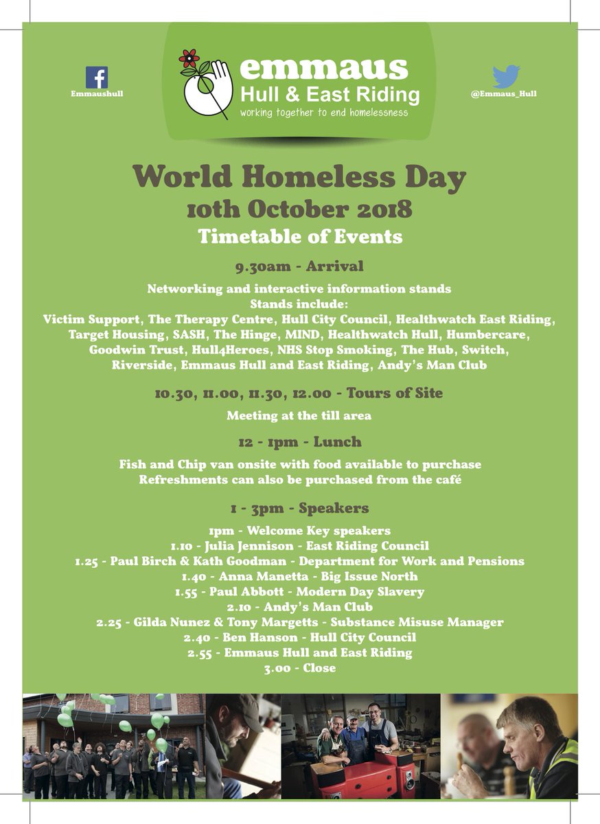 Emmaus_Hull's tweet photo. October 10th is #WorldHomelessDay and we'll be hosting an event in #Hull. Want to be part of it? Find out more here https://t.co/eTwNPF1SxN #EndHomelessness https://t.co/X9WKcijB12