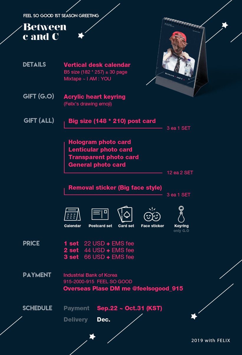 HorangiGOSP's tweet photo. Calendario de Felix ESP🇪🇸 GO #STRAYKIDS
@feelsogood_915's 2019 Season greeting

🍬 Calendario de 30 páginas con un pack de photocards grandes y especiales. Incluye pegatinas.

📆 Hasta el 28 de Octubre.

💰 22€/44€/66€

📋Form : https://t.co/y9tatXnMPO https://t.co/j43MMZi5vW